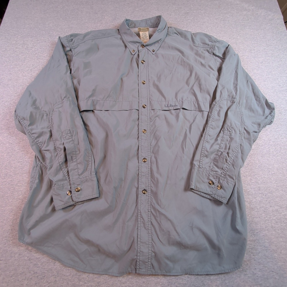 LL Bean Mens XXL Gray Nylon Long Sleeve Vented Fishing Shirt Hiking Camping